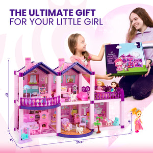 Dollhouse with 4 Princesses, 4 Unicorns, Dog, Furniture and Accessories - Pink and Purple Dream Doll House Toy for Little Girls - 5 Rooms w/Garden, Furniture and Accessories, Gift for Girls Ages 2-8