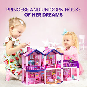 Dollhouse with 2 Princesses, 4 Unicorns, Dog, Furniture and Accessories - Pink and Purple Dream Doll House Toy for Little Girls - 5 Rooms w/Garden, Furniture and Accessories, Gift for Girls Ages 2-8
