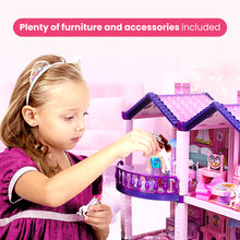 Load image into Gallery viewer, Dollhouse with 2 Princesses, 4 Unicorns, Dog, Furniture and Accessories - Pink and Purple Dream Doll House Toy for Little Girls - 5 Rooms w/Garden, Furniture and Accessories, Gift for Girls Ages 2-8
