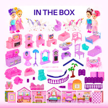 Load image into Gallery viewer, Dollhouse with 4 Princesses, 4 Unicorns, Dog, Furniture and Accessories - Pink and Purple Dream Doll House Toy for Little Girls - 5 Rooms w/Garden, Furniture and Accessories, Gift for Girls Ages 2-8
