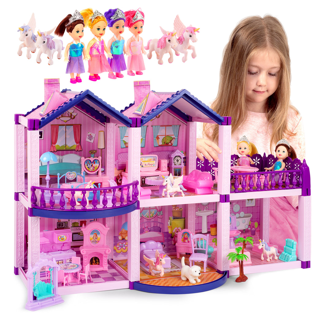 Dollhouse with 4 Princesses, 4 Unicorns, Dog, Furniture and Accessories - Pink and Purple Dream Doll House Toy for Little Girls - 5 Rooms w/Garden, Furniture and Accessories, Gift for Girls Ages 2-8