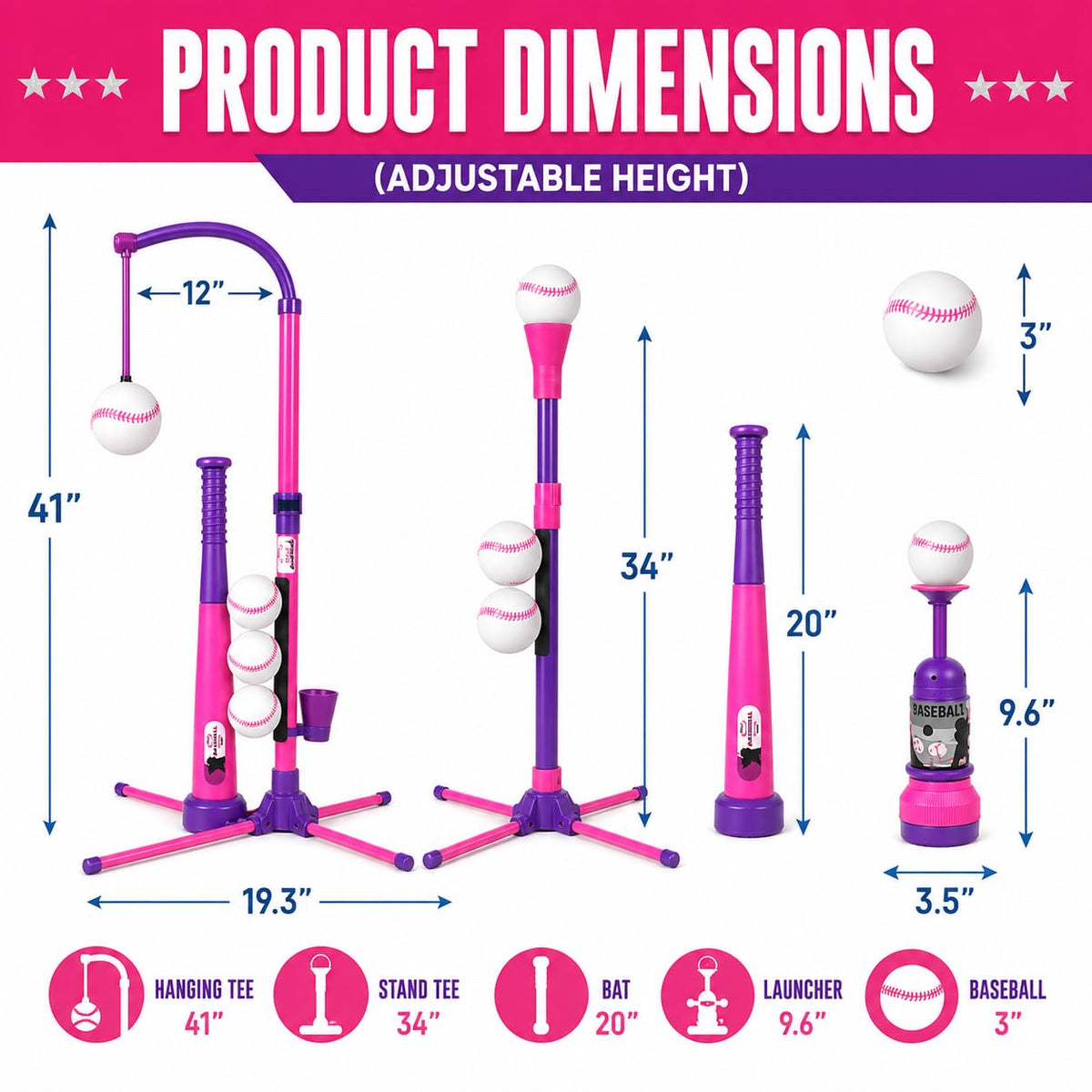 3-in-1 Baseball Set for Kids and Toddlers Ages 3-5 · Pink & Purple – image 5 of 8