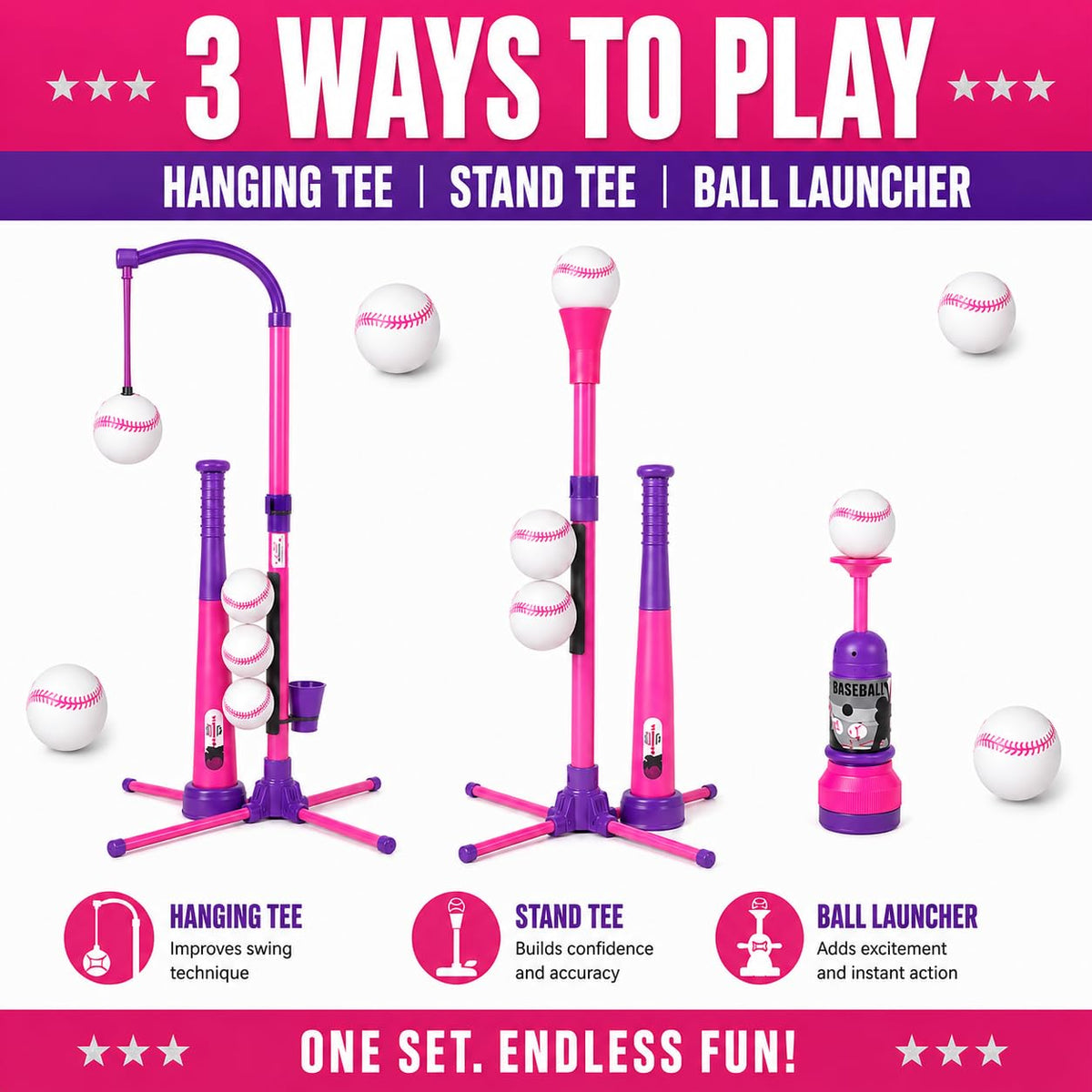 3-in-1 Baseball Set for Kids and Toddlers Ages 3-5 · Pink & Purple – image 3 of 8