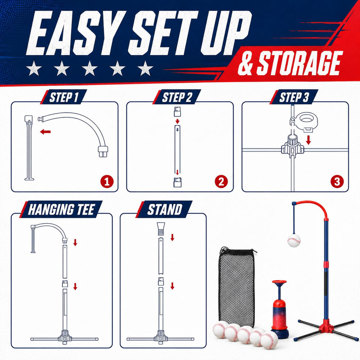 3-in-1 Baseball Set for Kids and Toddlers Ages 3-5 · Red & Blue – image 6 of 9