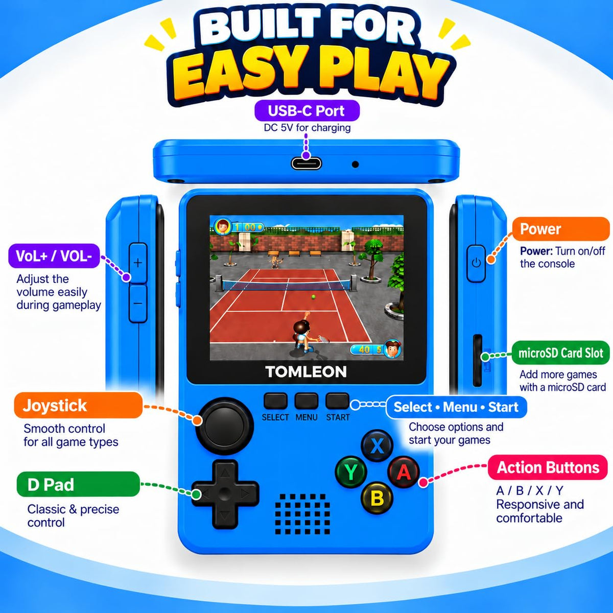 TOMLEON Handheld Game Console for Kids · 300 Games · Blue – image 3 of 8