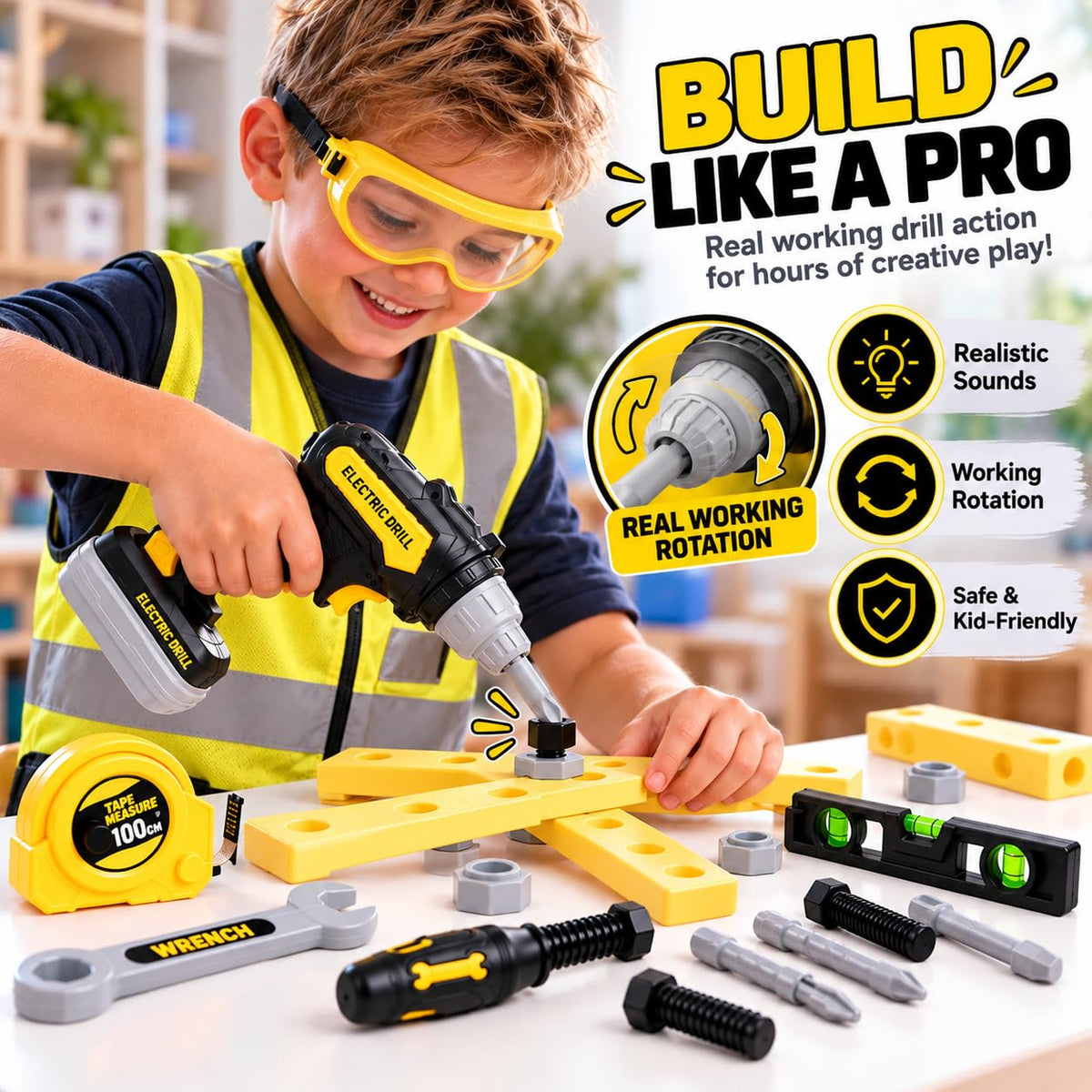 Kids Tool Set with Electric Toy Drill · Yellow – image 2 of 8