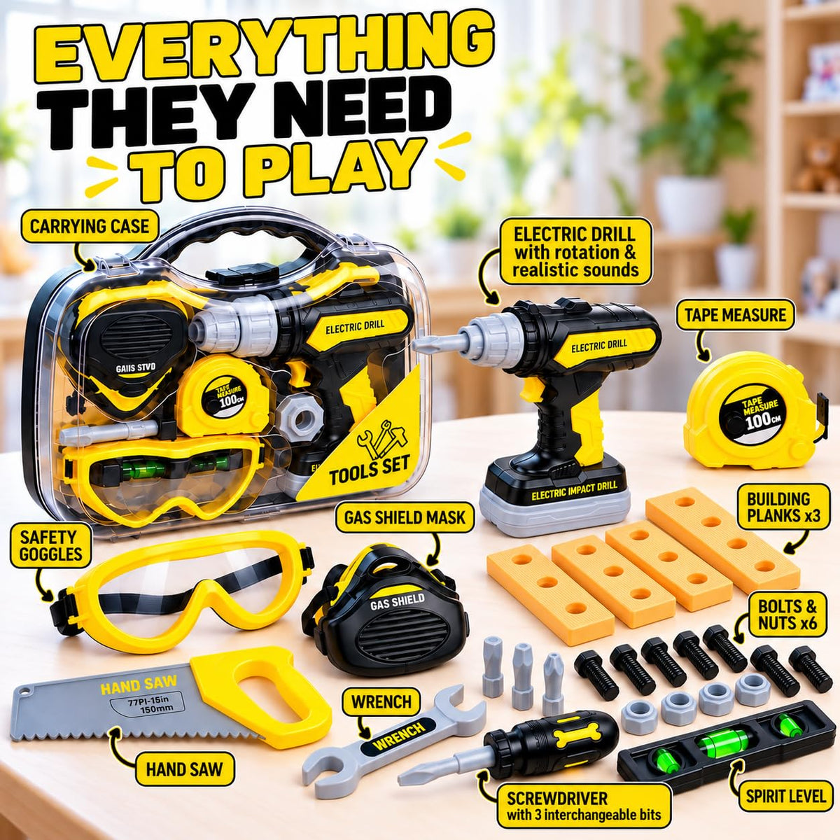 Kids Tool Set with Electric Toy Drill · Yellow – image 3 of 8