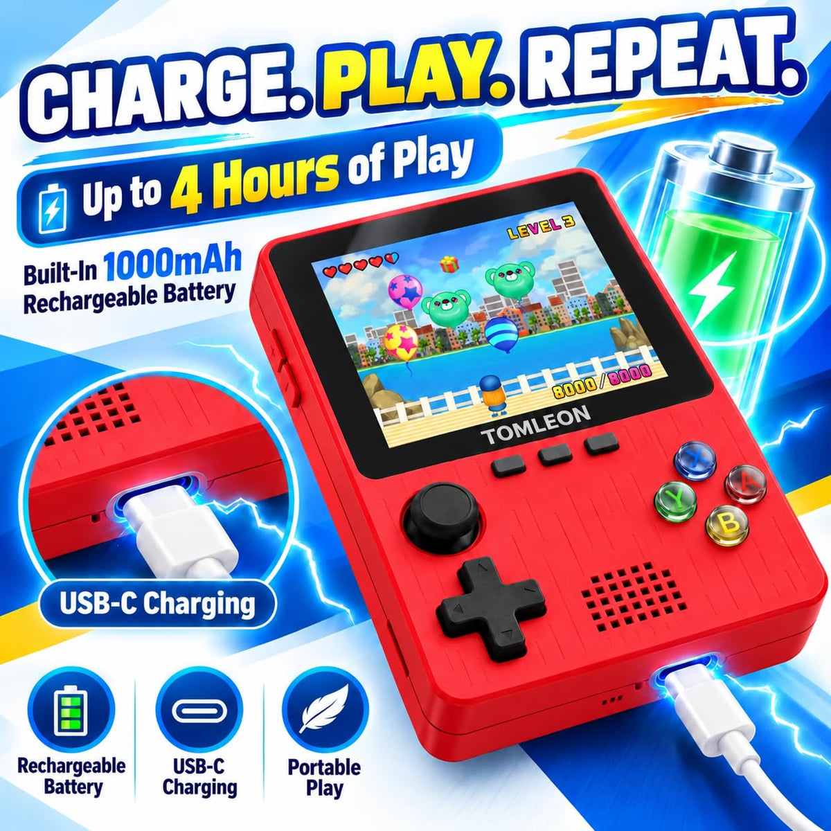 TOMLEON Handheld Game Console for Kids · 300 Games · Red – image 4 of 8