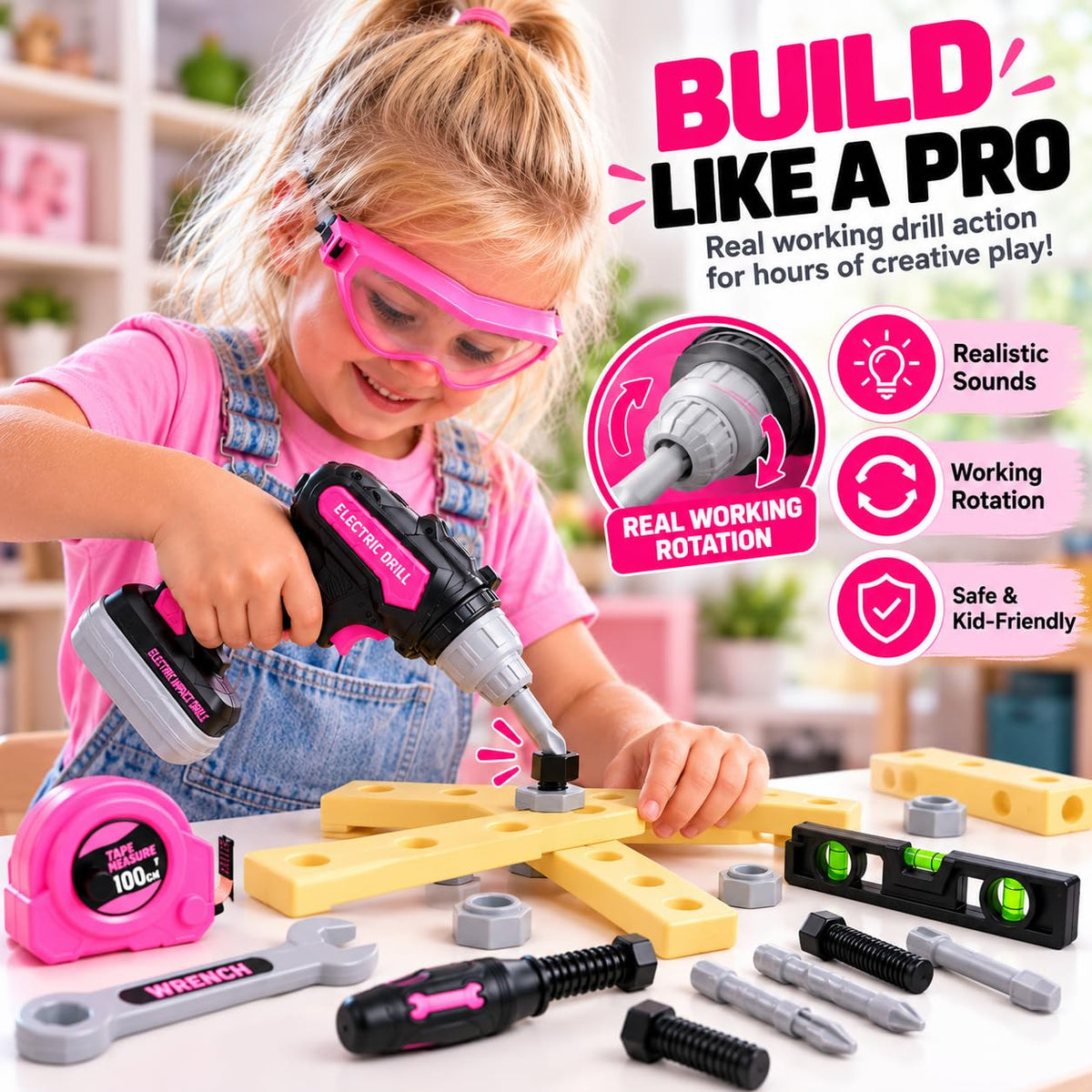 Kids Tool Set with Electric Toy Drill · Pink – image 6 of 9