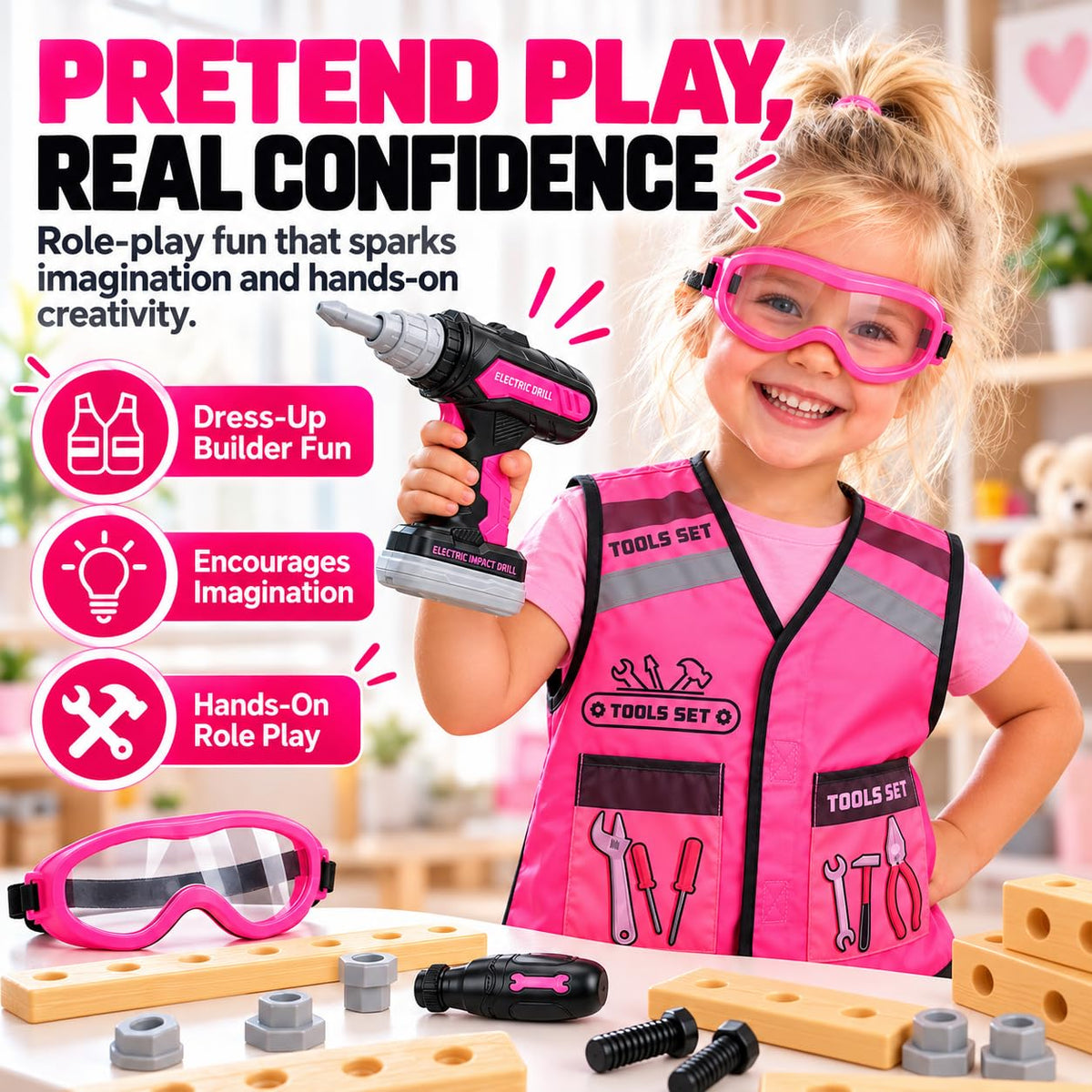 Kids Tool Set with Electric Toy Drill · Pink – image 8 of 9