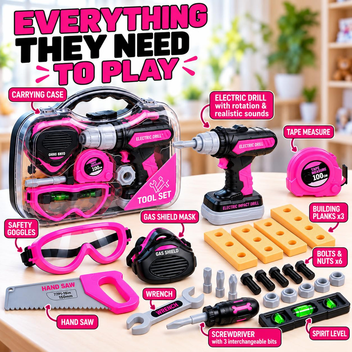 Kids Tool Set with Electric Toy Drill · Pink – image 3 of 9