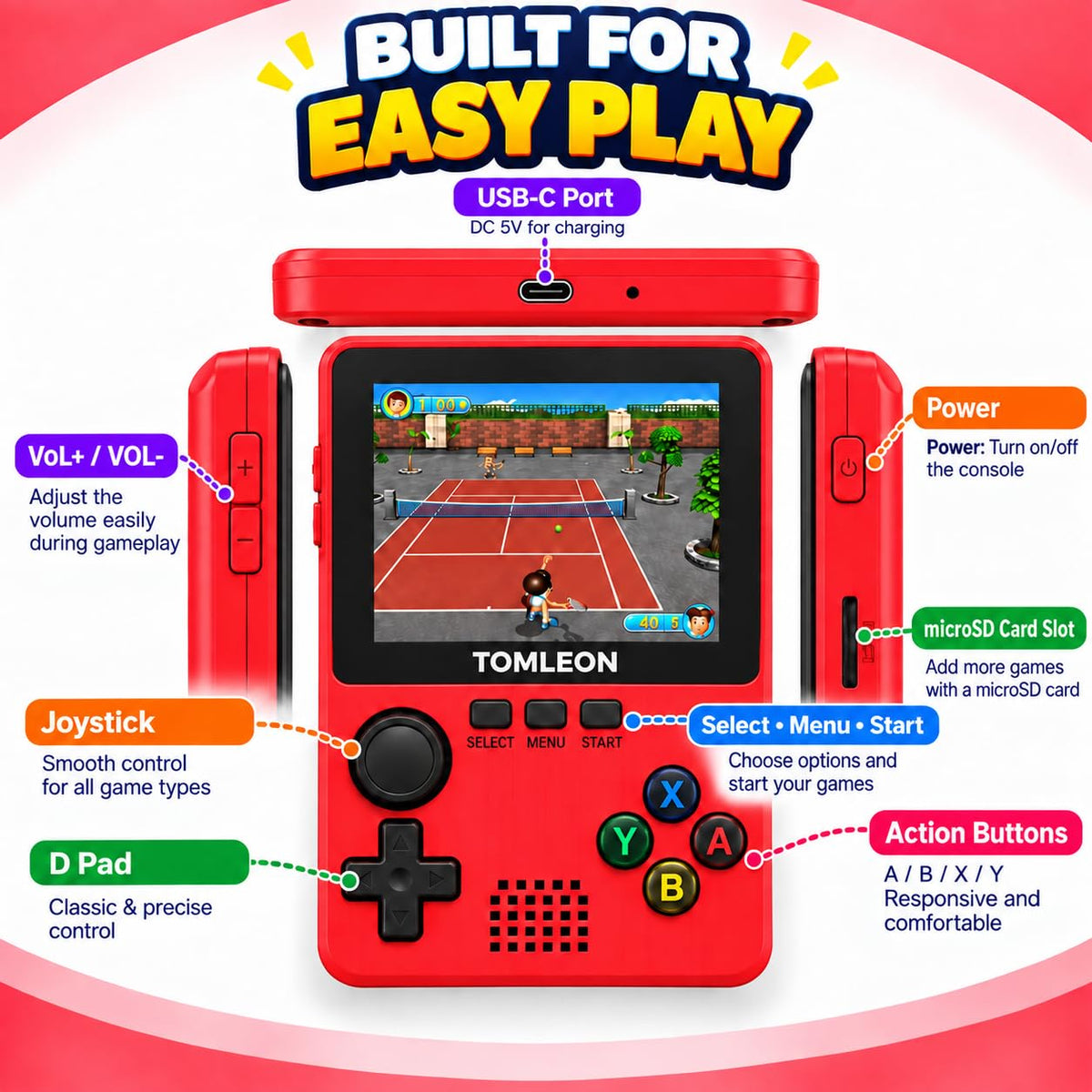 TOMLEON Handheld Game Console for Kids · 300 Games · Red – image 3 of 8