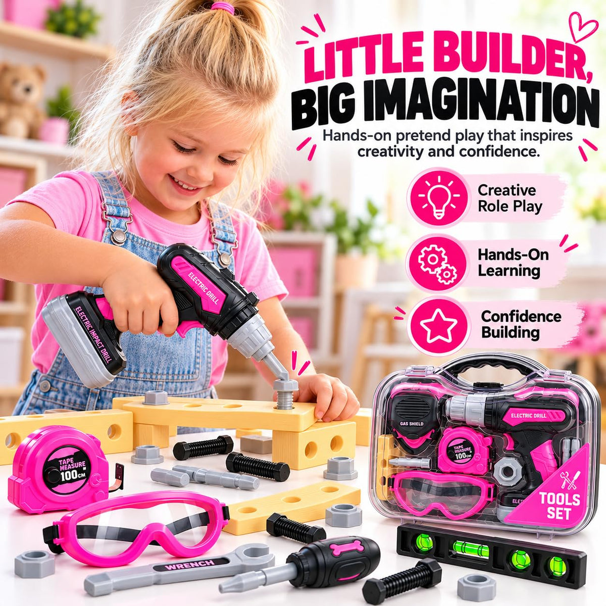 Kids Tool Set with Electric Toy Drill · Pink – image 4 of 9