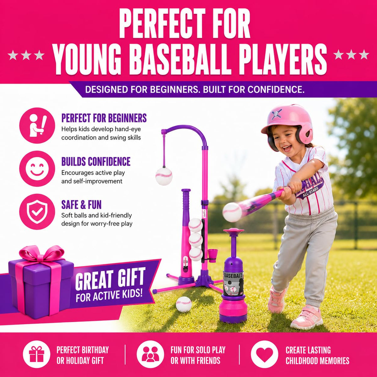 3-in-1 Baseball Set for Kids and Toddlers Ages 3-5 · Pink & Purple – image 7 of 8
