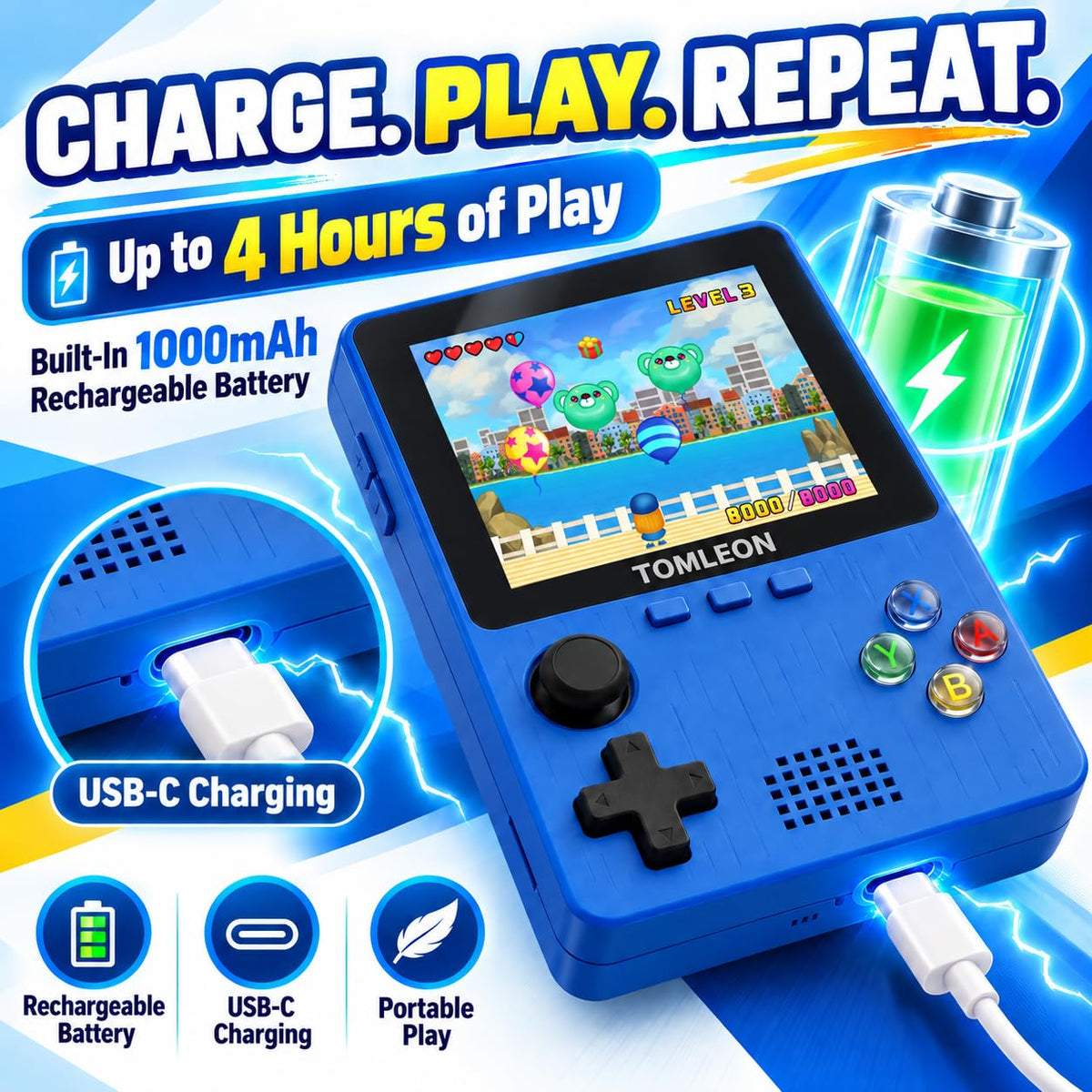 TOMLEON Handheld Game Console for Kids · 300 Games · Blue – image 4 of 8
