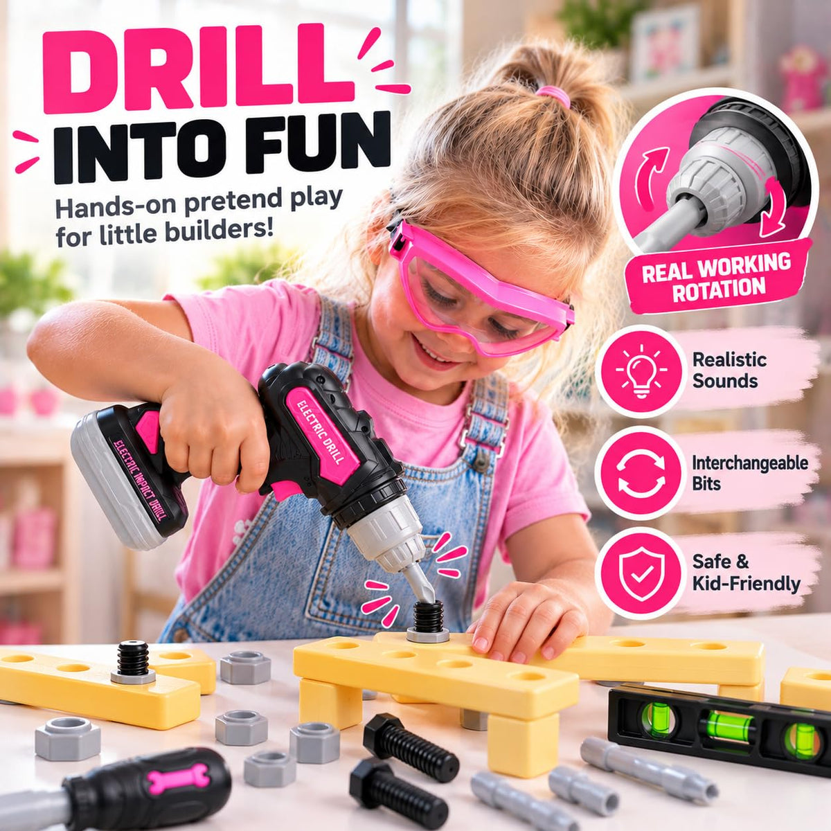 Kids Tool Set with Electric Toy Drill · Pink – image 2 of 9