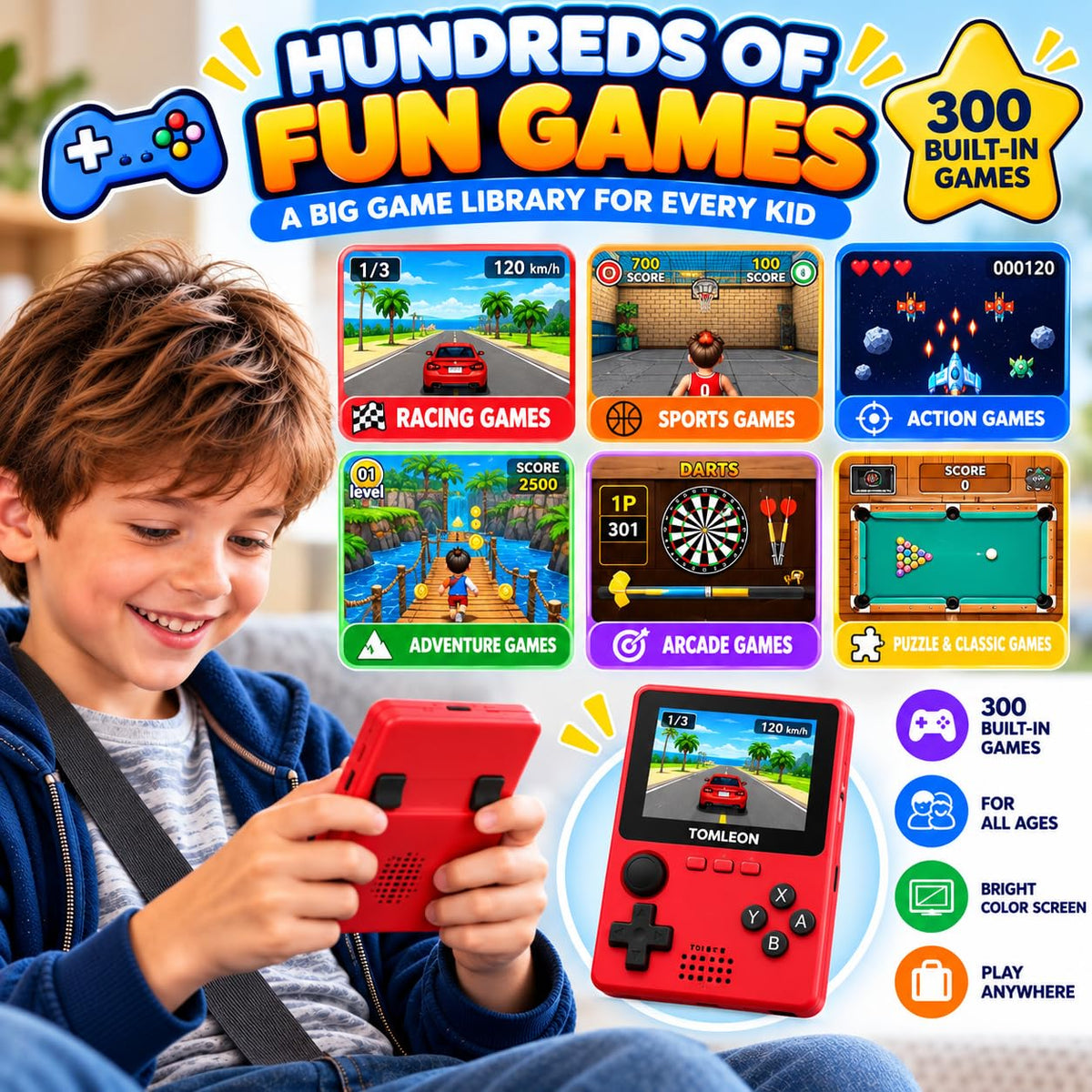 TOMLEON Handheld Game Console for Kids · 300 Games · Red – image 8 of 8
