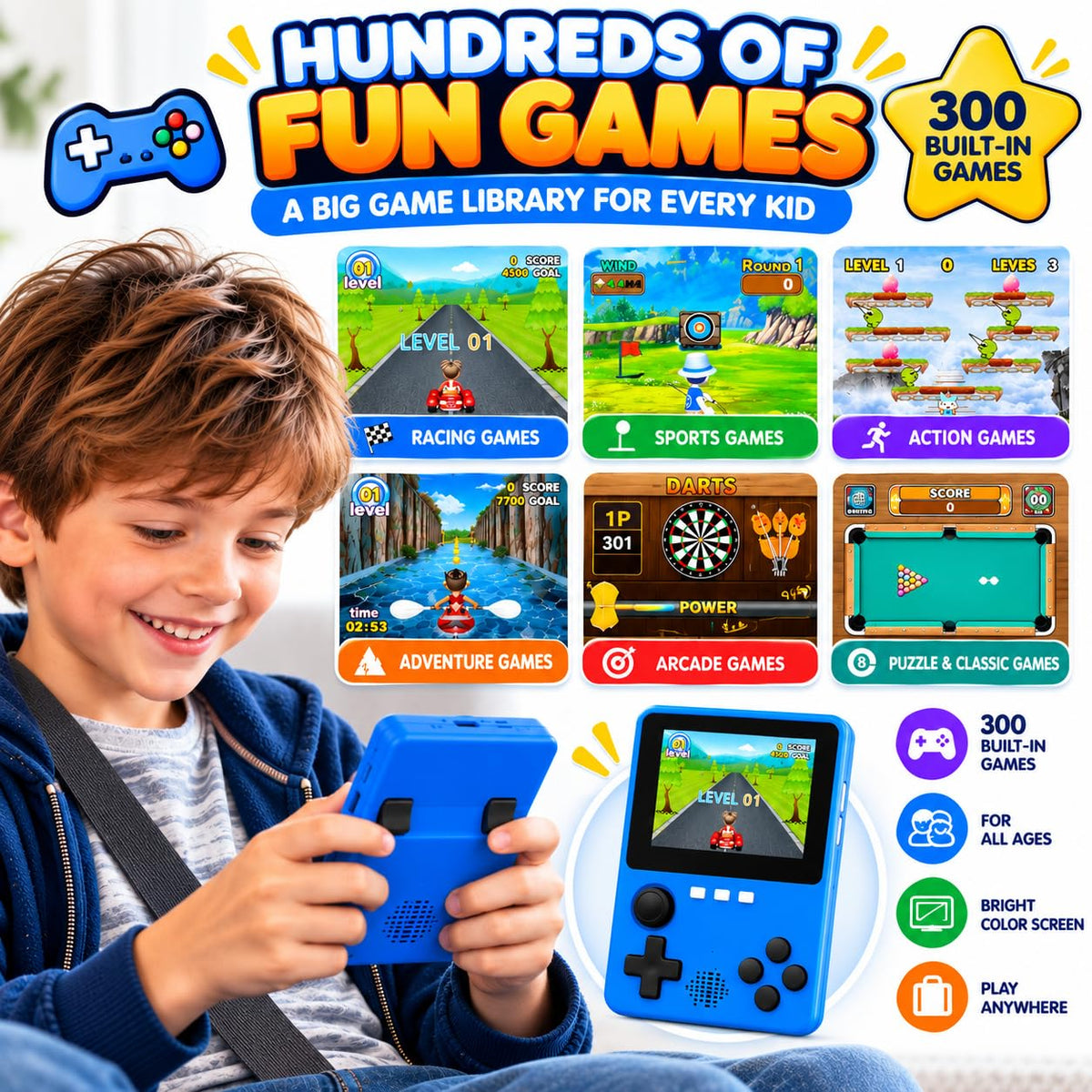 TOMLEON Handheld Game Console for Kids · 300 Games · Blue – image 8 of 8