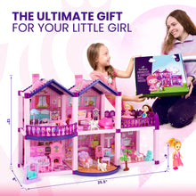 Load image into Gallery viewer, Dollhouse with 2 Princesses, 4 Unicorns, Dog, Furniture and Accessories - Pink and Purple Dream Doll House Toy for Little Girls - 5 Rooms w/Garden, Furniture and Accessories, Gift for Girls Ages 2-8
