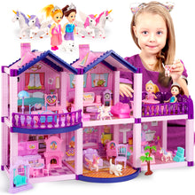 Load image into Gallery viewer, Dollhouse with 2 Princesses, 4 Unicorns, Dog, Furniture and Accessories - Pink and Purple Dream Doll House Toy for Little Girls - 5 Rooms w/Garden, Furniture and Accessories, Gift for Girls Ages 2-8
