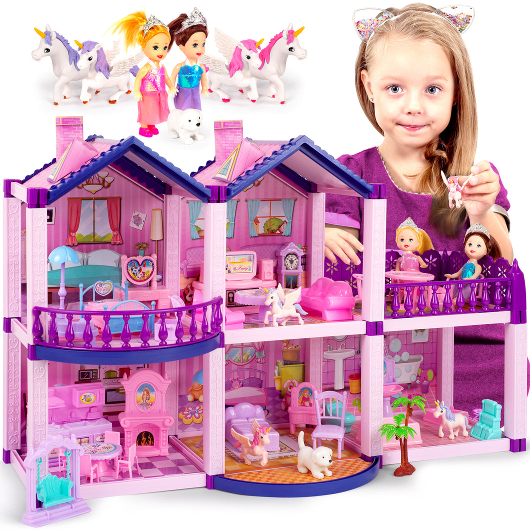 Dollhouse with 2 Princesses, 4 Unicorns, Dog, Furniture and Accessories - Pink and Purple Dream Doll House Toy for Little Girls - 5 Rooms w/Garden, Furniture and Accessories, Gift for Girls Ages 2-8